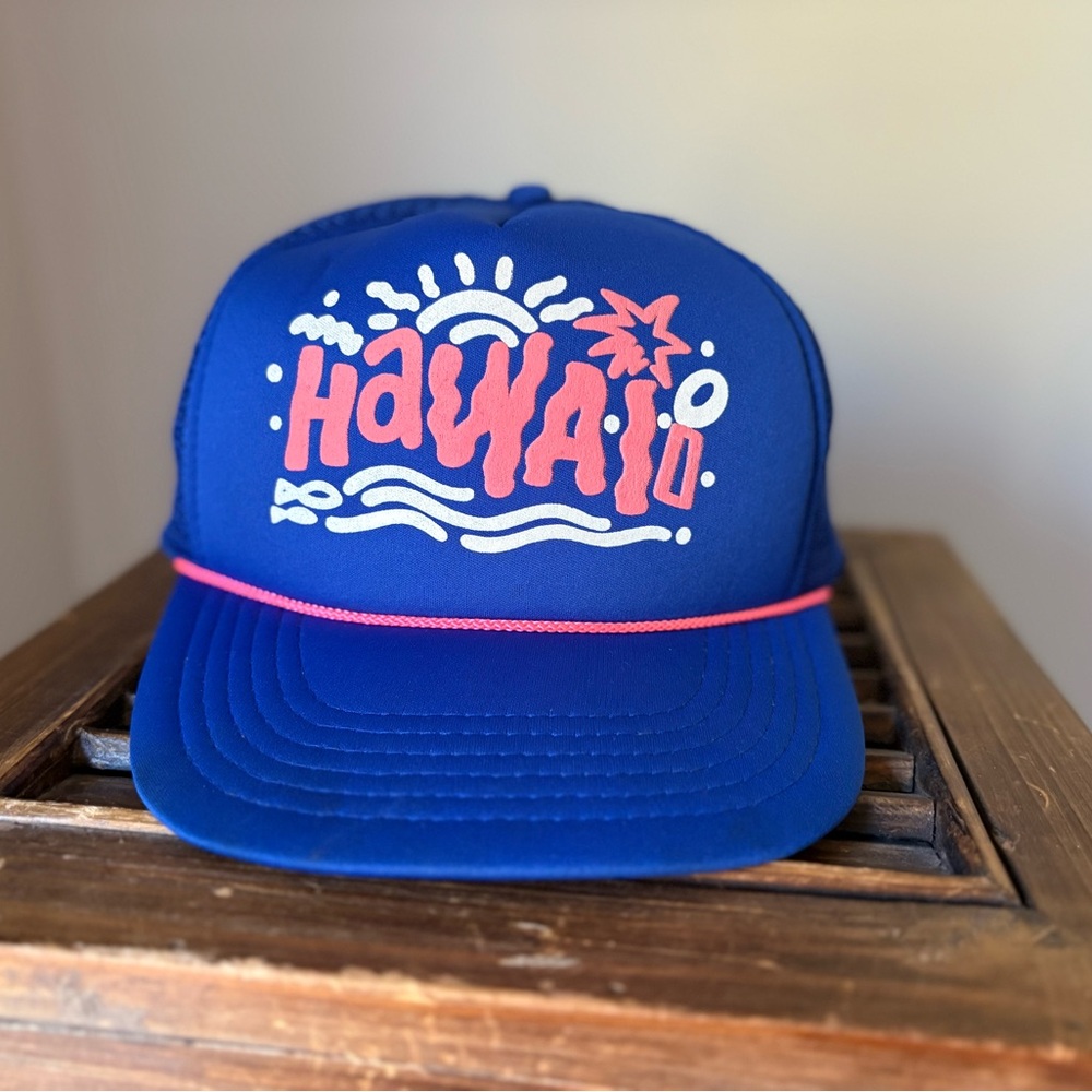 Vintage Bright Blue & Pink Hawaii Graphic Snapback Trucker Hat